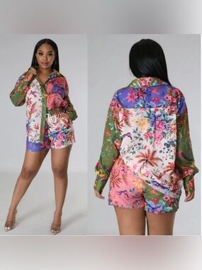 Colorful Tropical Floral Satin Shirt & Shorts Set